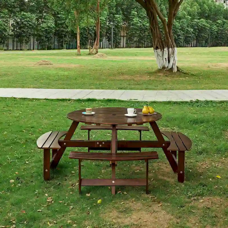 8-Person Round Outdoor Picnic Table with 4 Double Benches