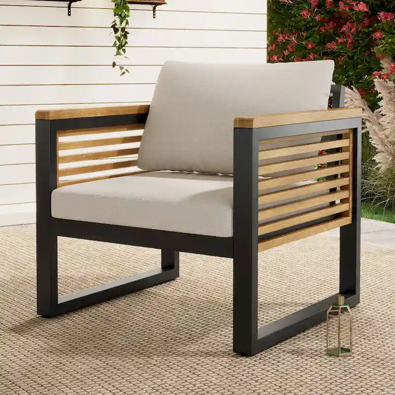 Outdoor Acacia Wood and Metal Patio Chair with Cushions (Single)