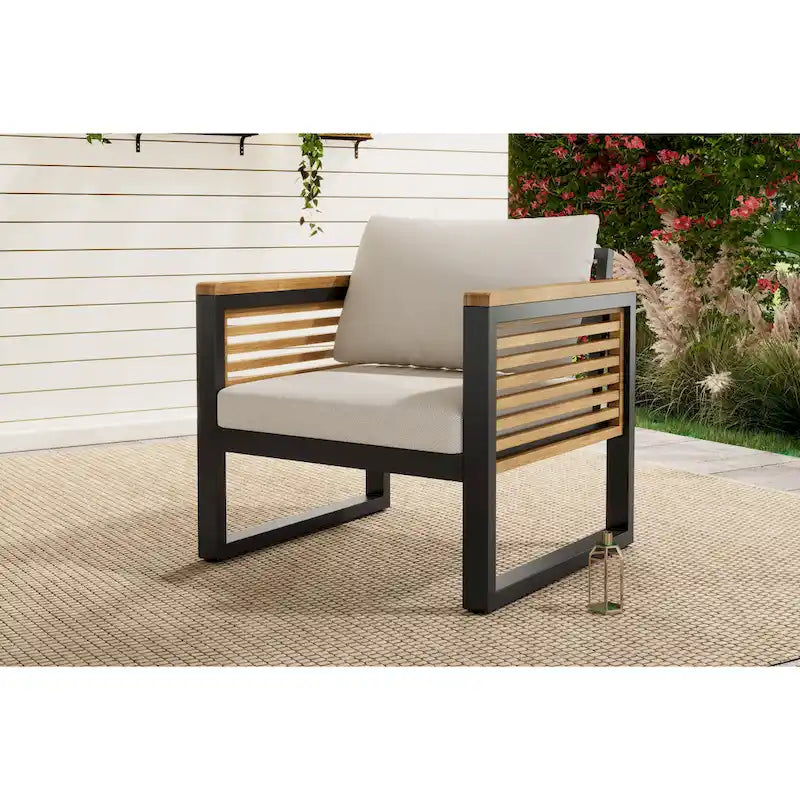 Outdoor Acacia Wood and Metal Patio Chair with Cushions (Single)