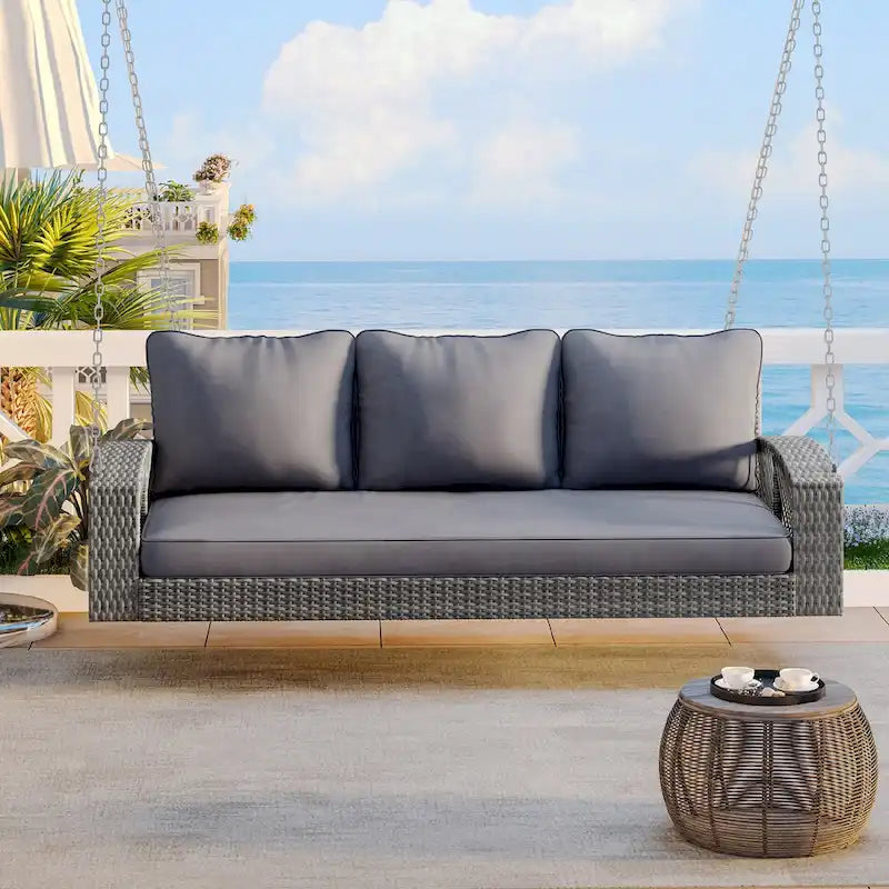 3-Person PE Wicker Porch Swing with Cushions and Chains