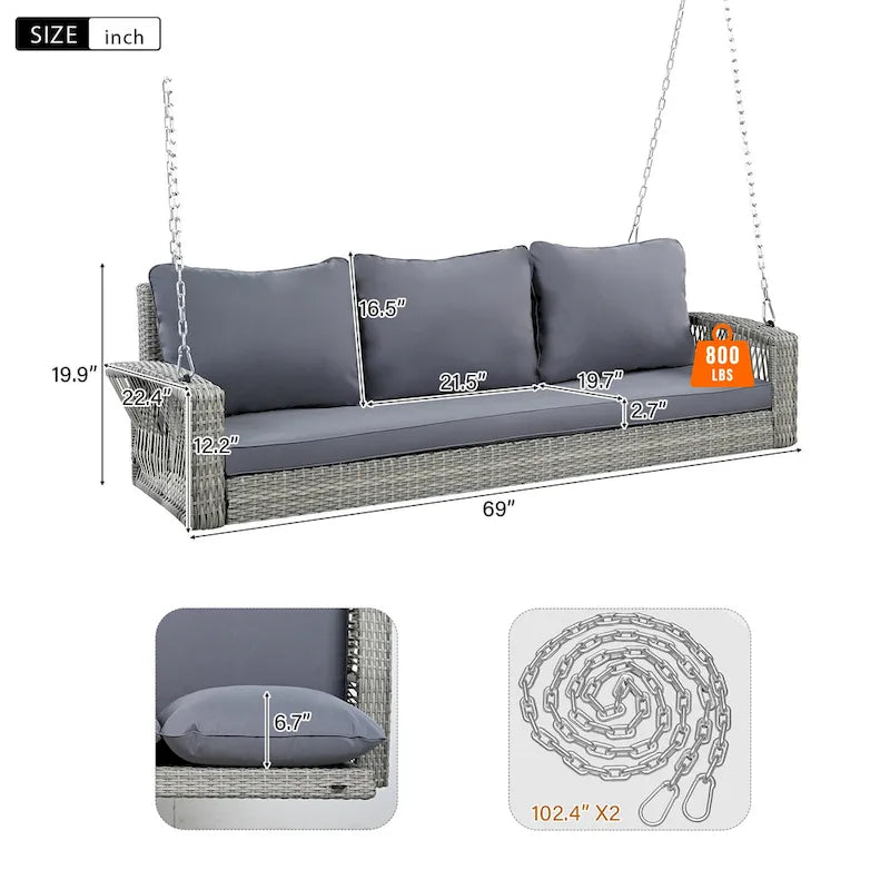 3-Person PE Wicker Porch Swing with Cushions and Chains