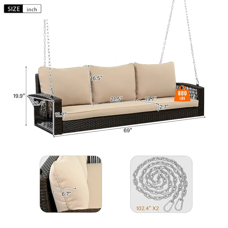 3-Person PE Wicker Porch Swing with Cushions and Chains
