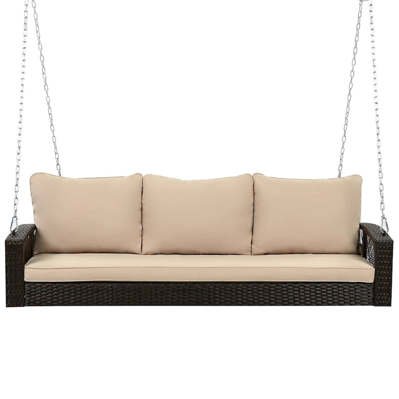 3-Person PE Wicker Porch Swing with Cushions and Chains