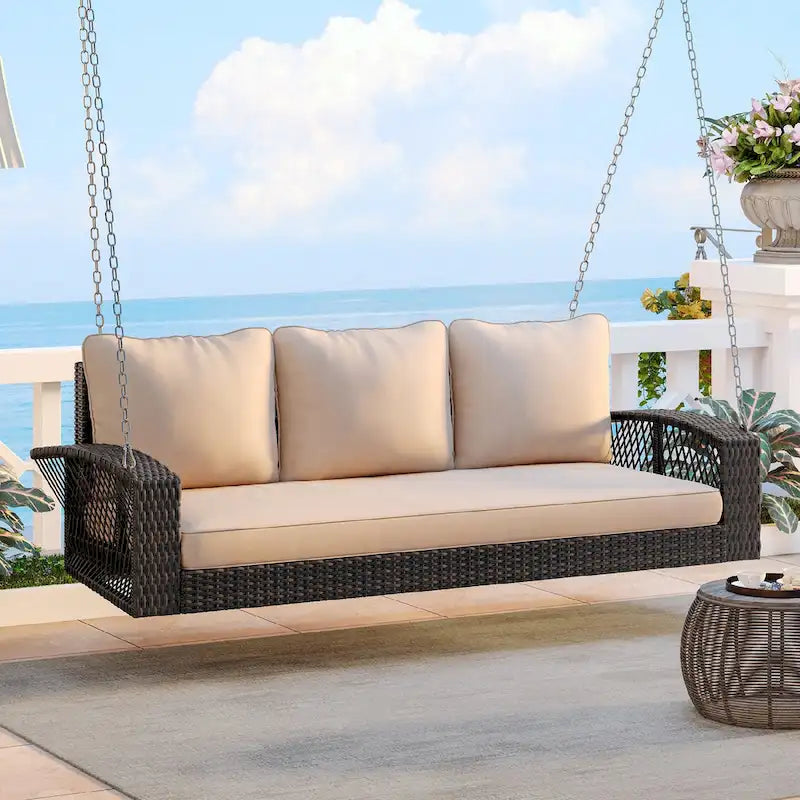 3-Person PE Wicker Porch Swing with Cushions and Chains