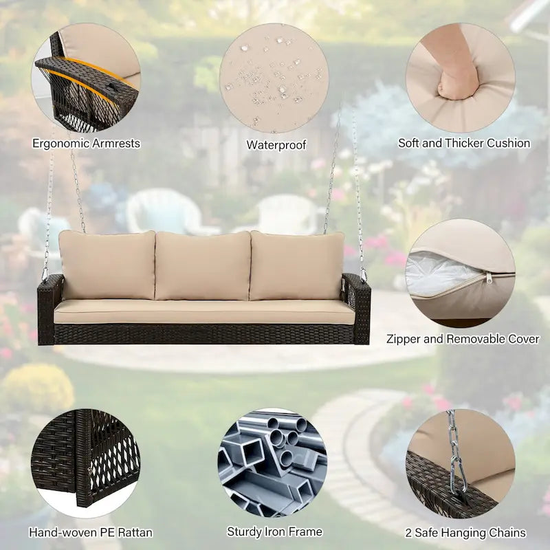 3-Person PE Wicker Porch Swing with Cushions and Chains