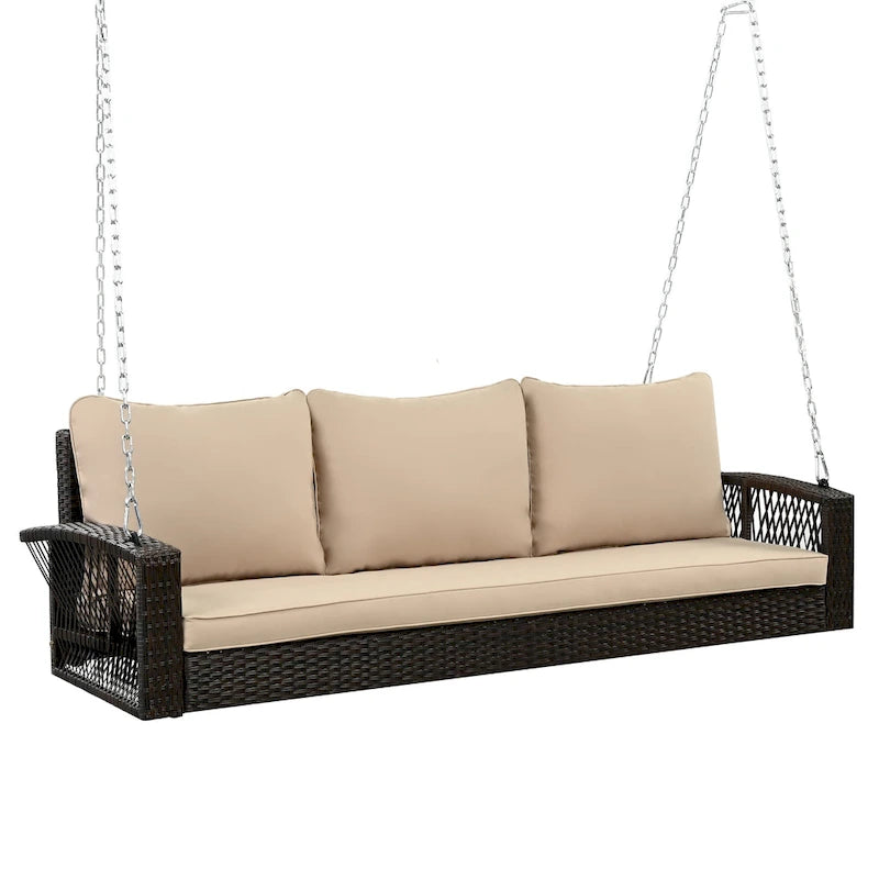 3-Person PE Wicker Porch Swing with Cushions and Chains