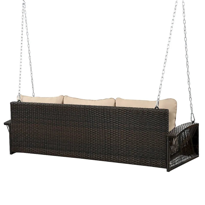 3-Person PE Wicker Porch Swing with Cushions and Chains