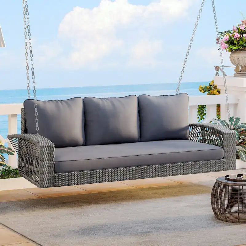 3-Person PE Wicker Porch Swing with Cushions and Chains