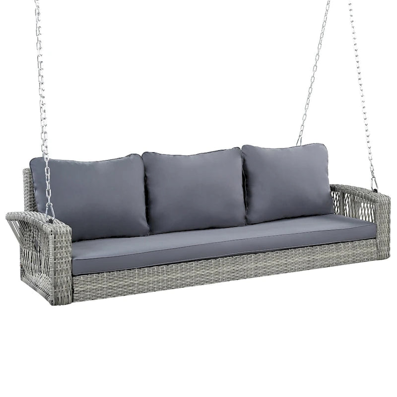 3-Person PE Wicker Porch Swing with Cushions and Chains