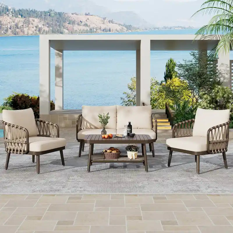 Roomfitters 4-Piece Outdoor Patio Conversation Set with Woven Rope Backrest, Cushions and Metal Frame Chairs
