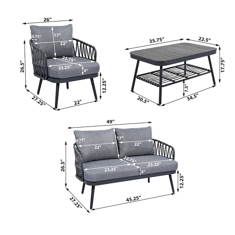 Roomfitters 4-Piece Outdoor Patio Conversation Set with Woven Rope Backrest, Cushions and Metal Frame Chairs