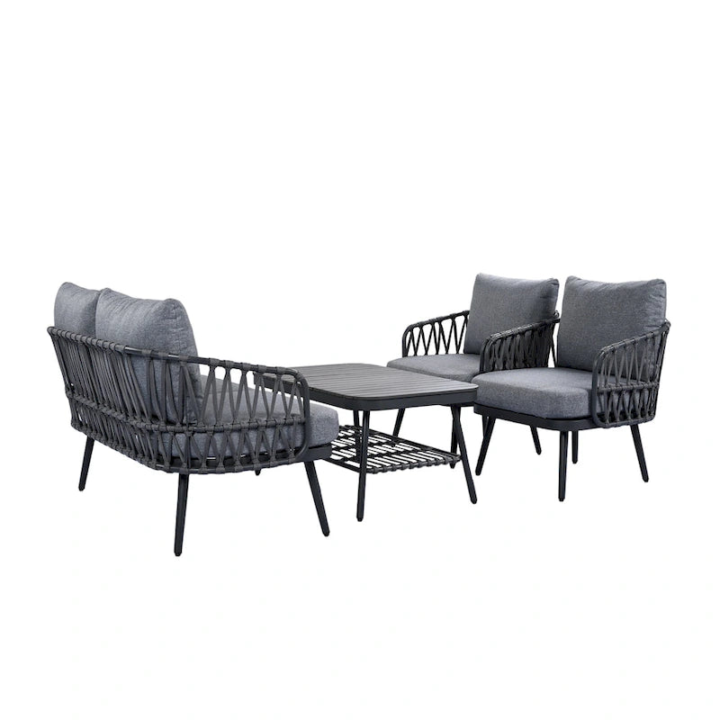 Roomfitters 4-Piece Outdoor Patio Conversation Set with Woven Rope Backrest, Cushions and Metal Frame Chairs