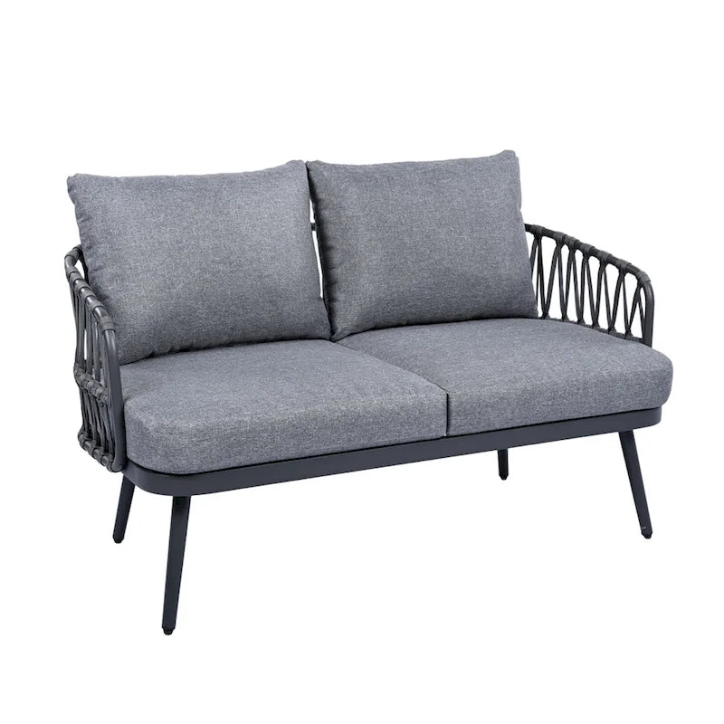 Roomfitters 4-Piece Outdoor Patio Conversation Set with Woven Rope Backrest, Cushions and Metal Frame Chairs