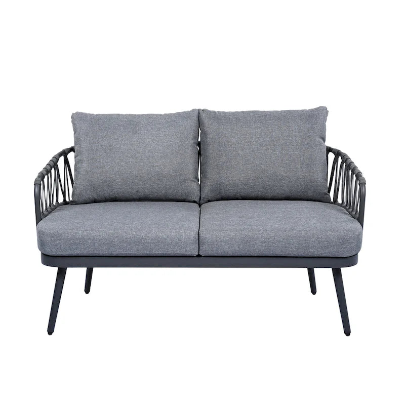 Roomfitters 4-Piece Outdoor Patio Conversation Set with Woven Rope Backrest, Cushions and Metal Frame Chairs