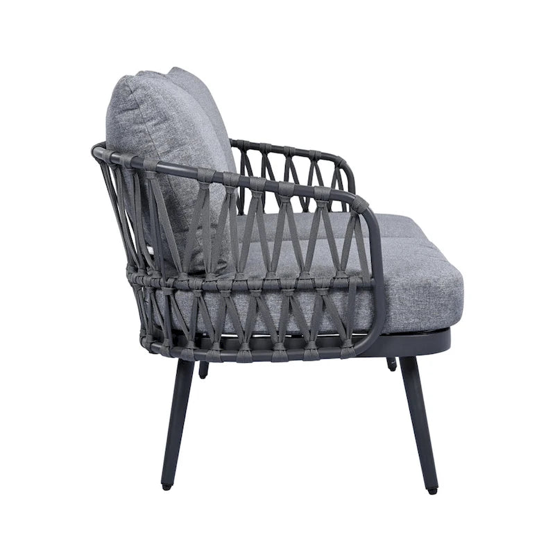 Roomfitters 4-Piece Outdoor Patio Conversation Set with Woven Rope Backrest, Cushions and Metal Frame Chairs