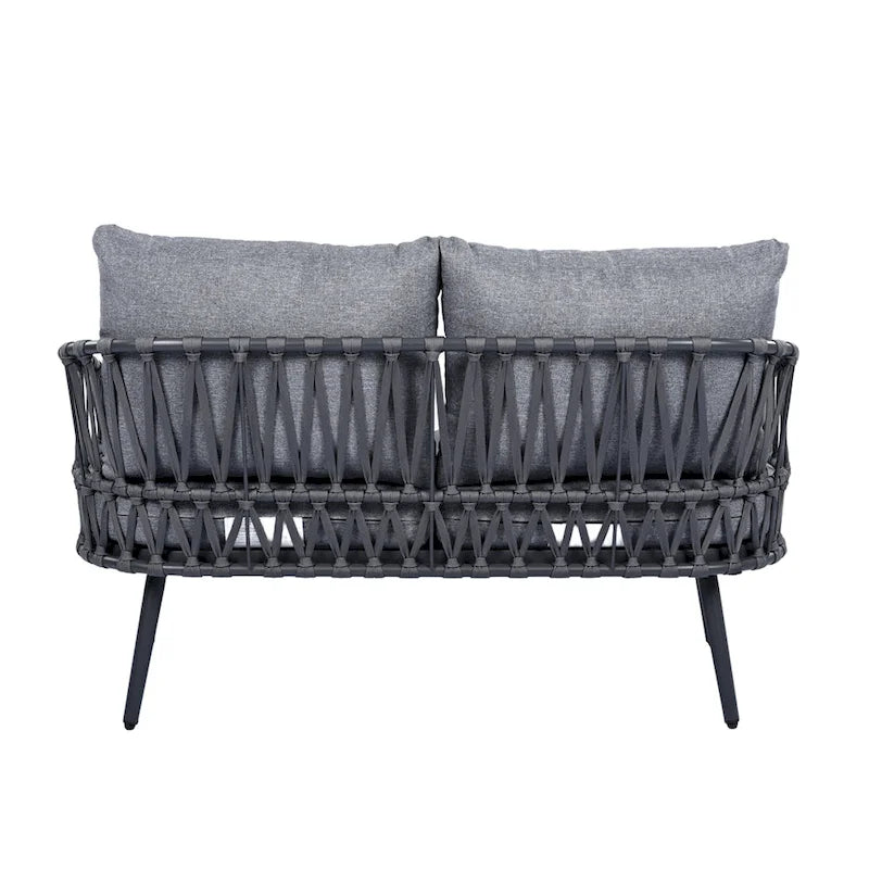 Roomfitters 4-Piece Outdoor Patio Conversation Set with Woven Rope Backrest, Cushions and Metal Frame Chairs