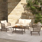 Roomfitters 4-Piece Outdoor Patio Conversation Set with Woven Rope Backrest, Cushions and Metal Frame Chairs