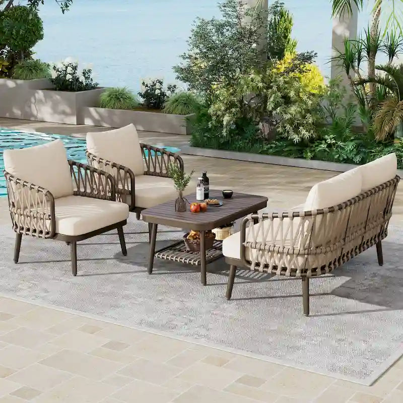Roomfitters 4-Piece Outdoor Patio Conversation Set with Woven Rope Backrest, Cushions and Metal Frame Chairs