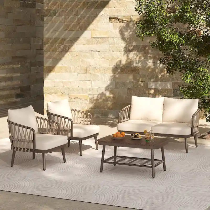 Roomfitters 4-Piece Outdoor Patio Conversation Set with Woven Rope Backrest, Cushions and Metal Frame Chairs