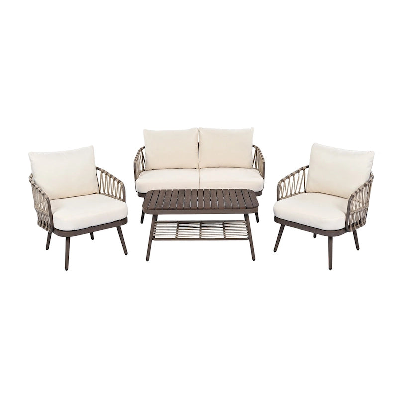 Roomfitters 4-Piece Outdoor Patio Conversation Set with Woven Rope Backrest, Cushions and Metal Frame Chairs
