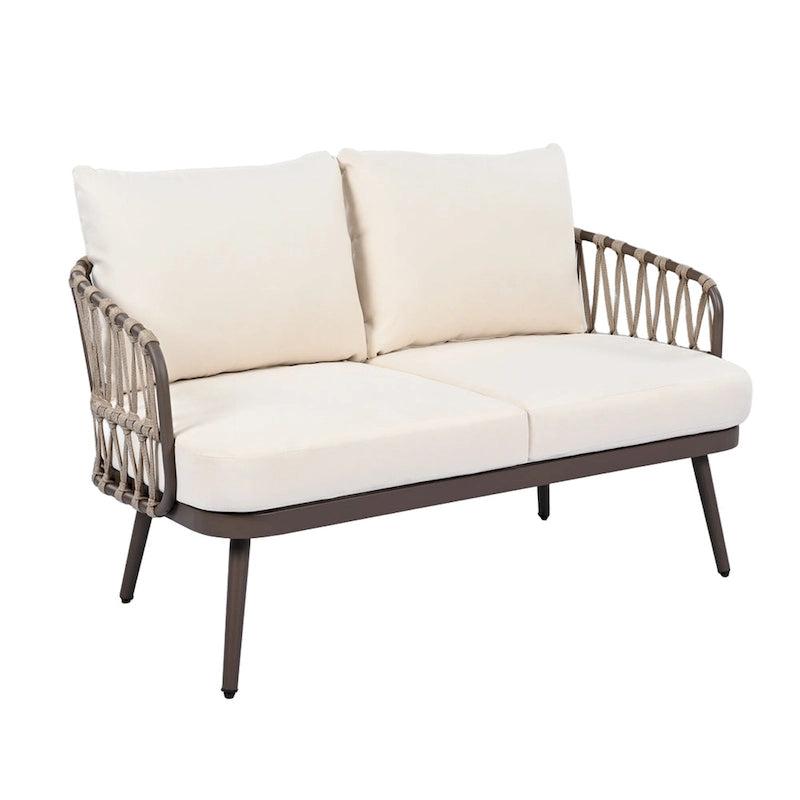 Roomfitters 4-Piece Outdoor Patio Conversation Set with Woven Rope Backrest, Cushions and Metal Frame Chairs