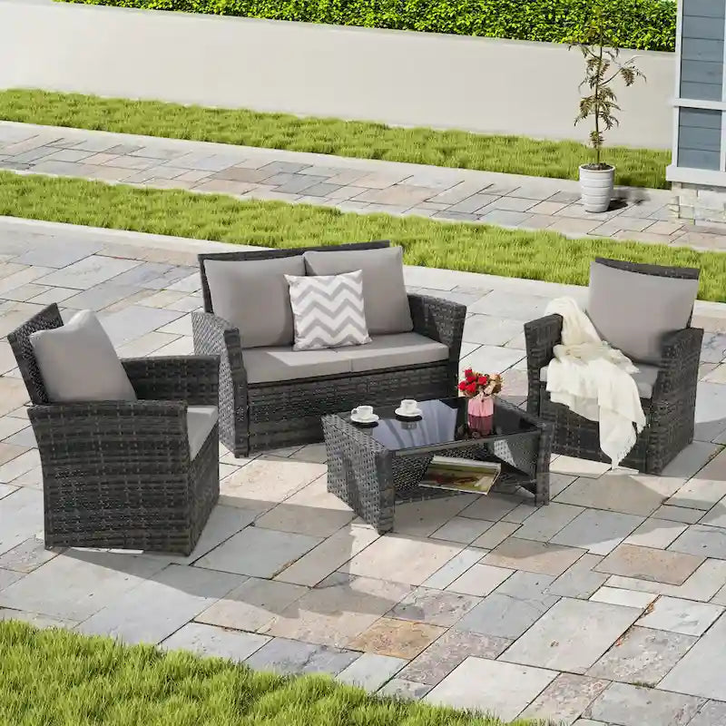 4-Piece Rattan Conversation Sofa Set with Glass Table