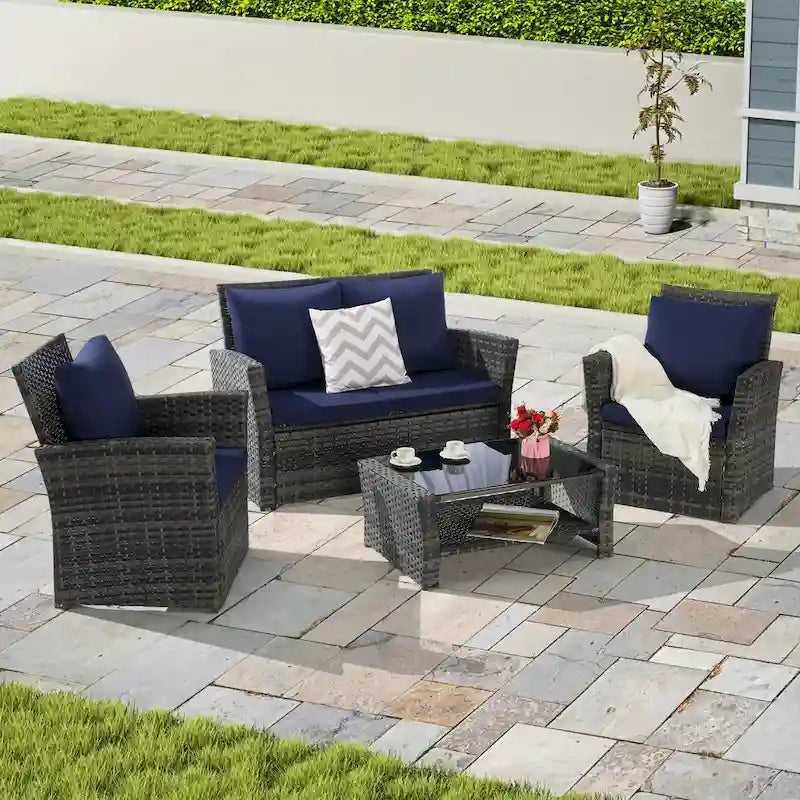 4-Piece Rattan Conversation Sofa Set with Glass Table