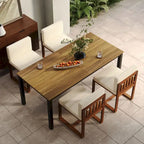5 Piece Acacia Wood Patio Dining Set with 70 Inch Table and 4 Chairs in Teak Beige Finish with Iron Legs Outdoor Furniture