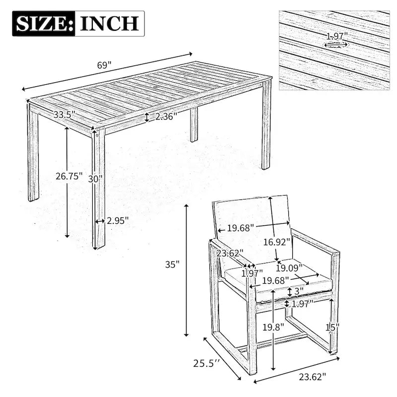 7 Pcs Outdoor Patio Dining Table and Chair Set, All-Weather Patio Furniture Set, Dining Table with Umbrella Hole and 6 Chairs