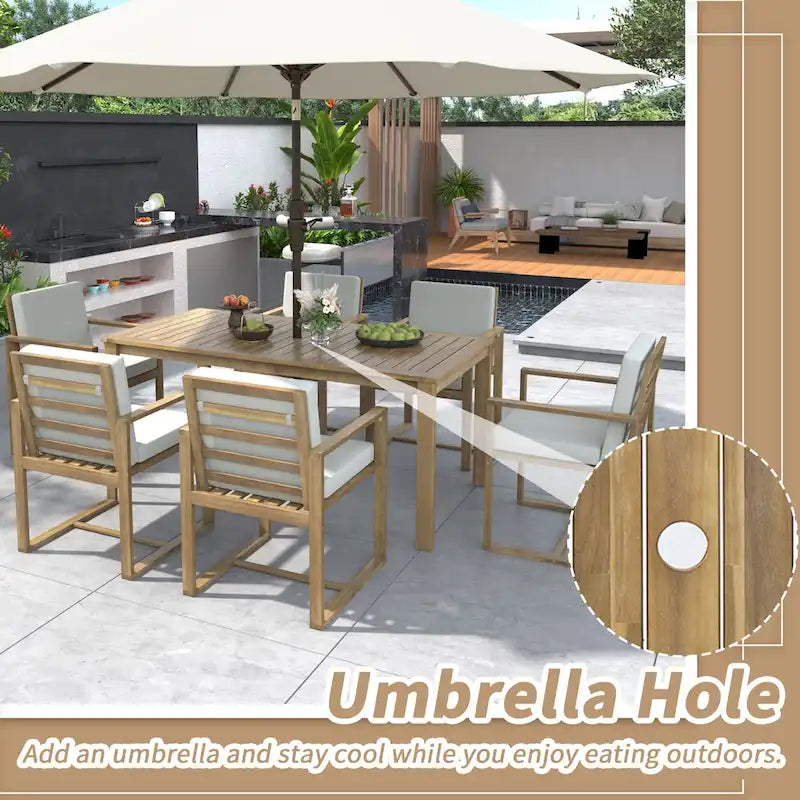 7 Pcs Outdoor Patio Dining Table and Chair Set, All-Weather Patio Furniture Set, Dining Table with Umbrella Hole and 6 Chairs