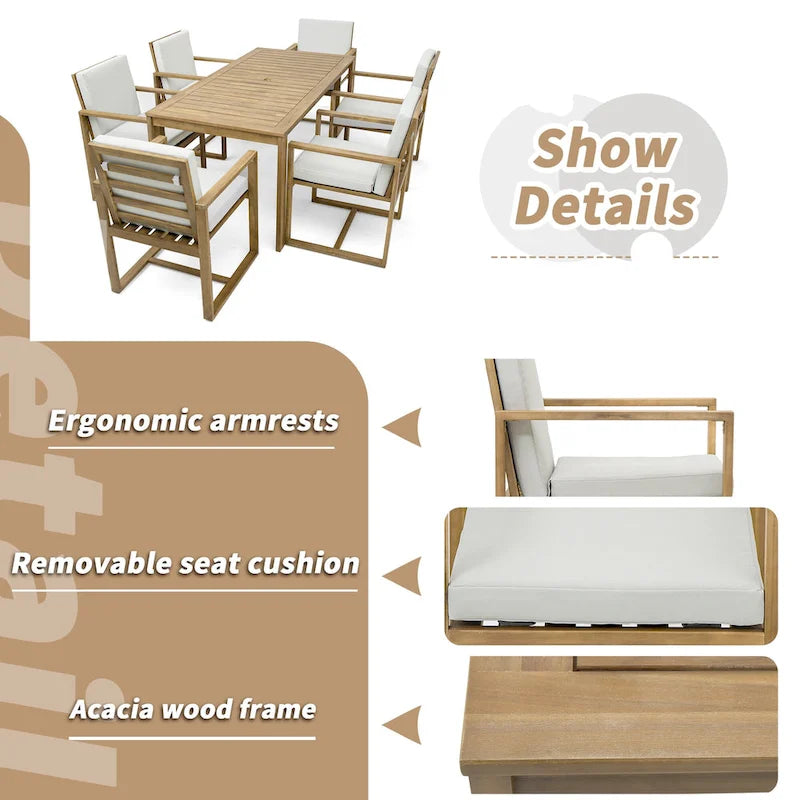 7 Pcs Outdoor Patio Dining Table and Chair Set, All-Weather Patio Furniture Set, Dining Table with Umbrella Hole and 6 Chairs