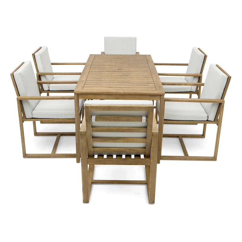 7 Pcs Outdoor Patio Dining Table and Chair Set, All-Weather Patio Furniture Set, Dining Table with Umbrella Hole and 6 Chairs