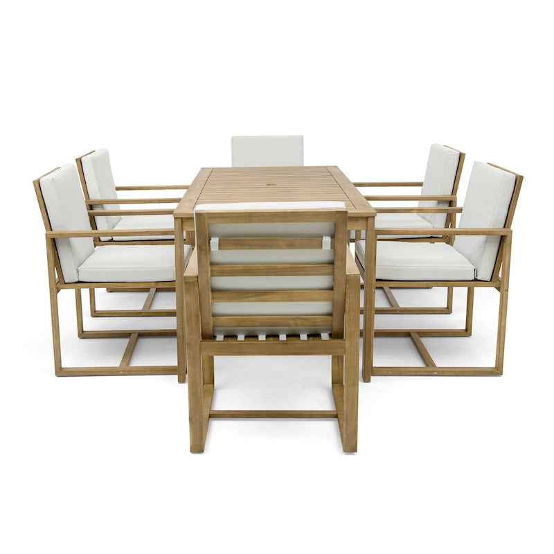 7 Pcs Outdoor Patio Dining Table and Chair Set, All-Weather Patio Furniture Set, Dining Table with Umbrella Hole and 6 Chairs