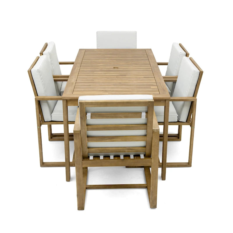 7 Pcs Outdoor Patio Dining Table and Chair Set, All-Weather Patio Furniture Set, Dining Table with Umbrella Hole and 6 Chairs