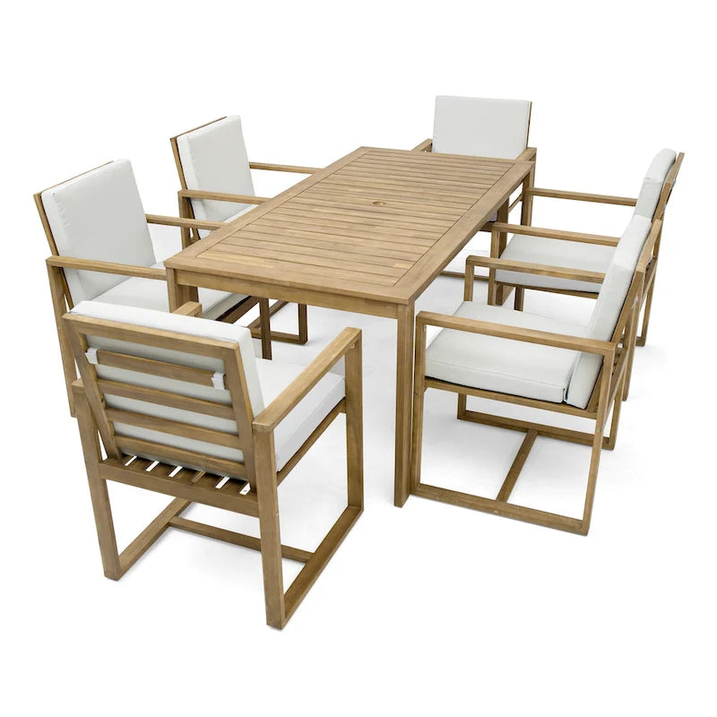7 Pcs Outdoor Patio Dining Table and Chair Set, All-Weather Patio Furniture Set, Dining Table with Umbrella Hole and 6 Chairs