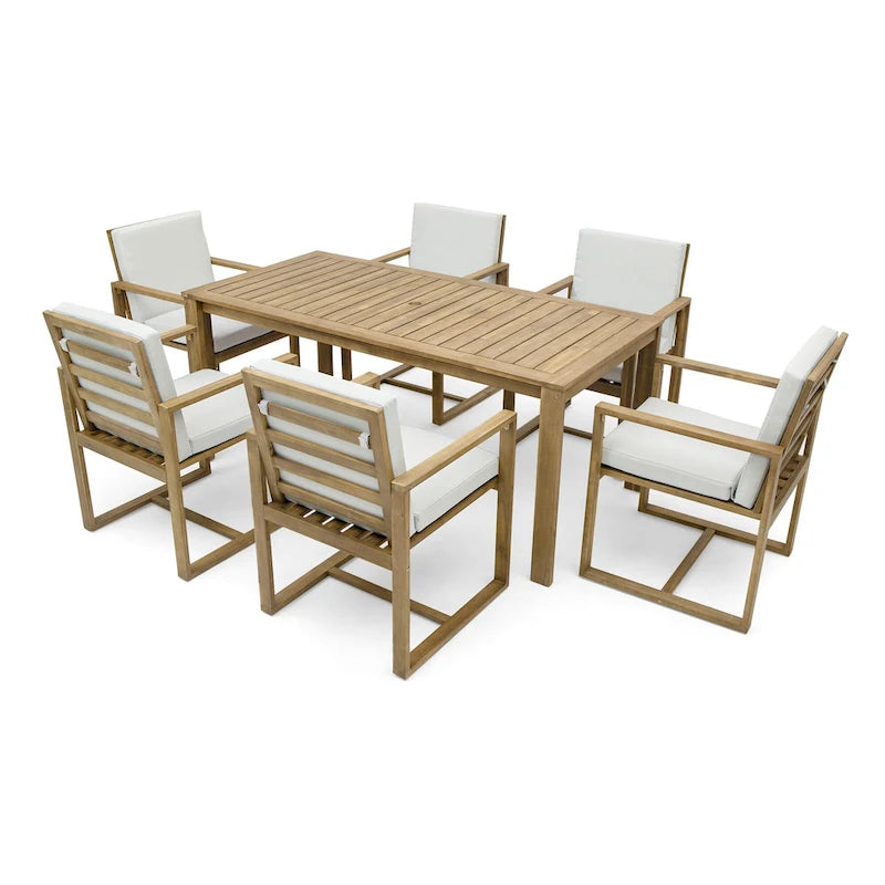 7 Pcs Outdoor Patio Dining Table and Chair Set, All-Weather Patio Furniture Set, Dining Table with Umbrella Hole and 6 Chairs