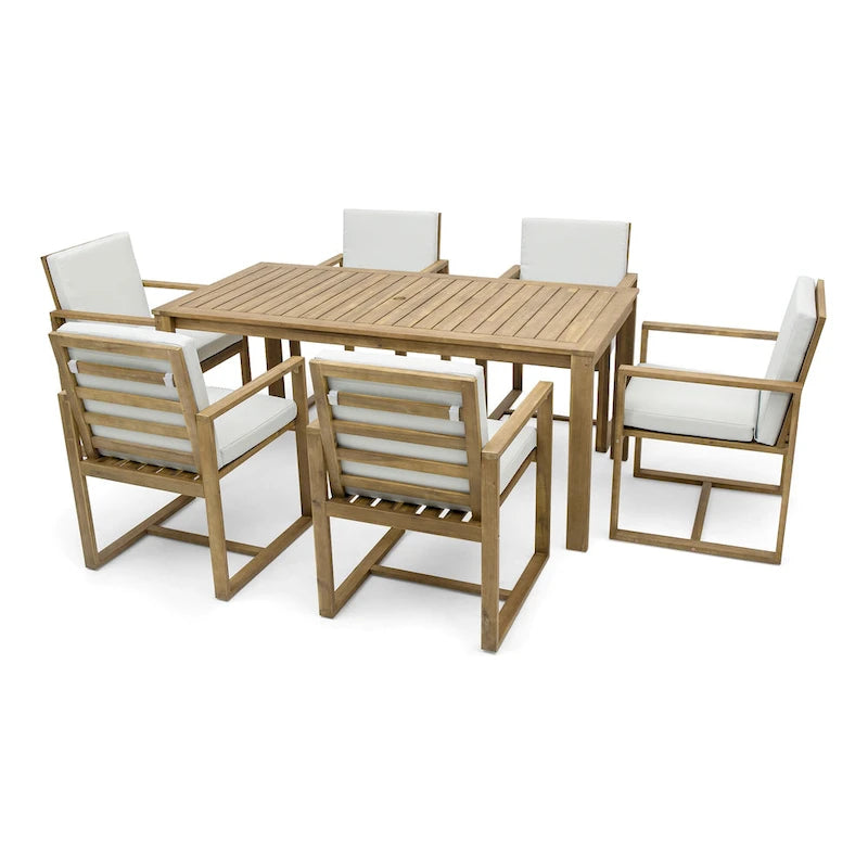7 Pcs Outdoor Patio Dining Table and Chair Set, All-Weather Patio Furniture Set, Dining Table with Umbrella Hole and 6 Chairs