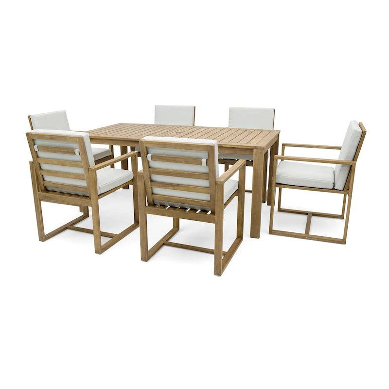 7 Pcs Outdoor Patio Dining Table and Chair Set, All-Weather Patio Furniture Set, Dining Table with Umbrella Hole and 6 Chairs