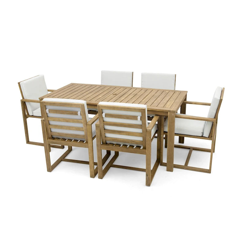 7 Pcs Outdoor Patio Dining Table and Chair Set, All-Weather Patio Furniture Set, Dining Table with Umbrella Hole and 6 Chairs