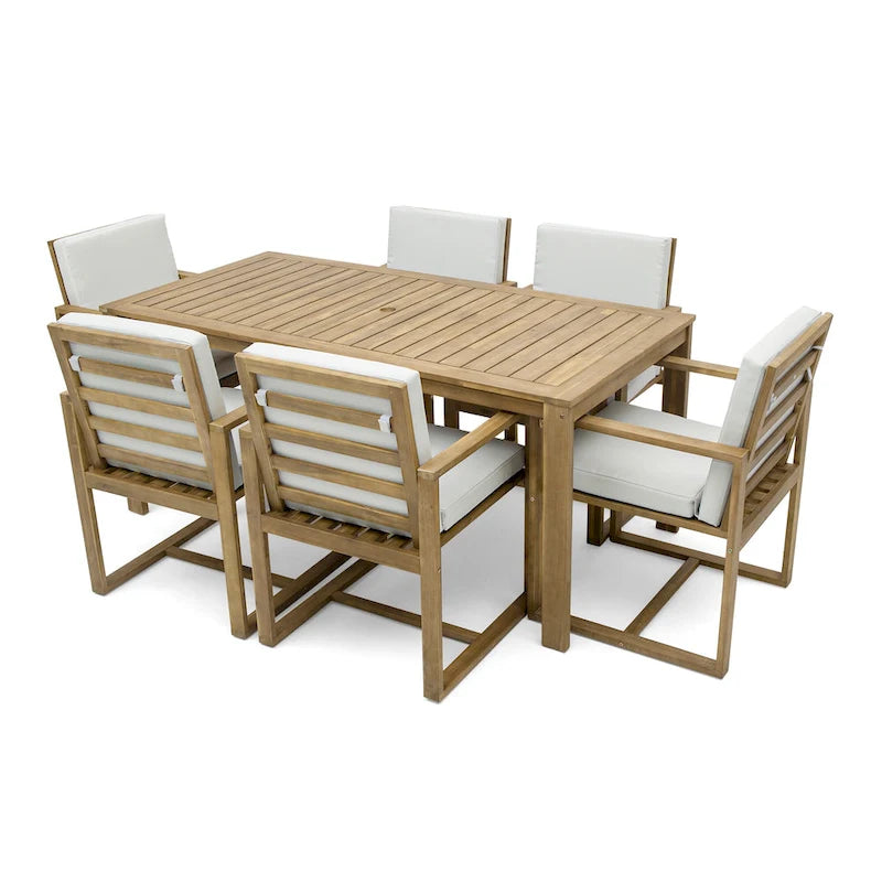 7 Pcs Outdoor Patio Dining Table and Chair Set, All-Weather Patio Furniture Set, Dining Table with Umbrella Hole and 6 Chairs