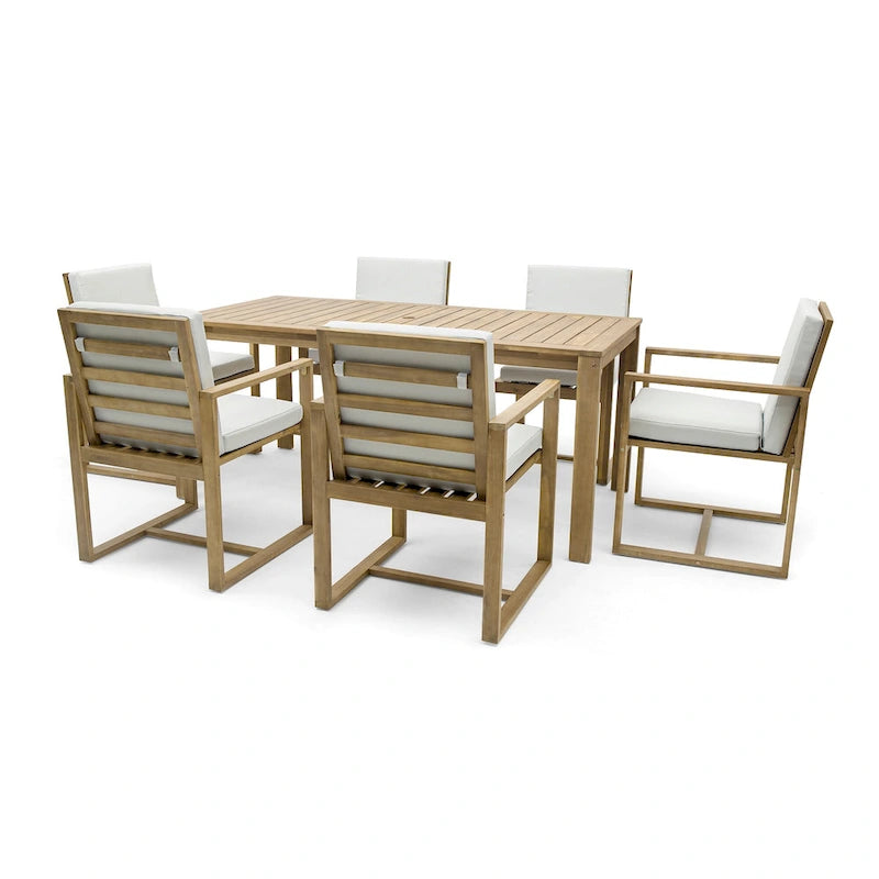 7 Pcs Outdoor Patio Dining Table and Chair Set, All-Weather Patio Furniture Set, Dining Table with Umbrella Hole and 6 Chairs