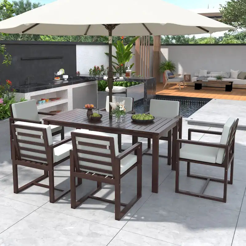 7 Pcs Outdoor Patio Dining Table and Chair Set, All-Weather Patio Furniture Set, Dining Table with Umbrella Hole and 6 Chairs