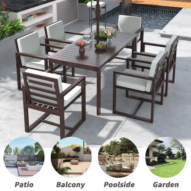 7 Pcs Outdoor Patio Dining Table and Chair Set, All-Weather Patio Furniture Set, Dining Table with Umbrella Hole and 6 Chairs