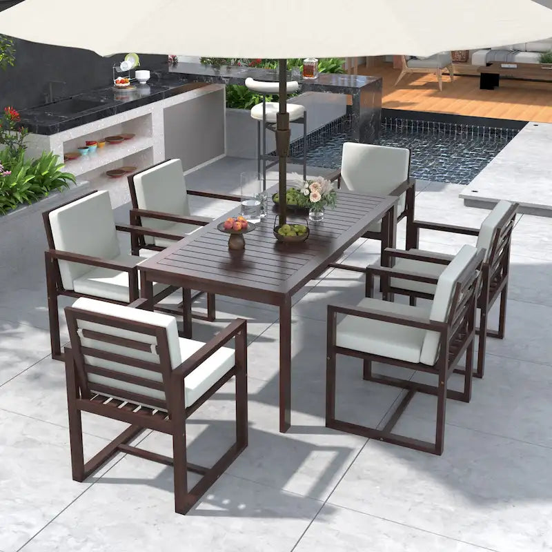 7 Pcs Outdoor Patio Dining Table and Chair Set, All-Weather Patio Furniture Set, Dining Table with Umbrella Hole and 6 Chairs