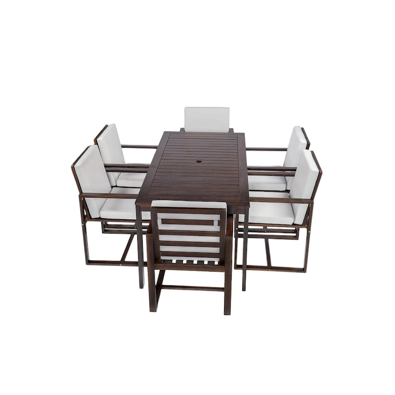 7 Pcs Outdoor Patio Dining Table and Chair Set, All-Weather Patio Furniture Set, Dining Table with Umbrella Hole and 6 Chairs