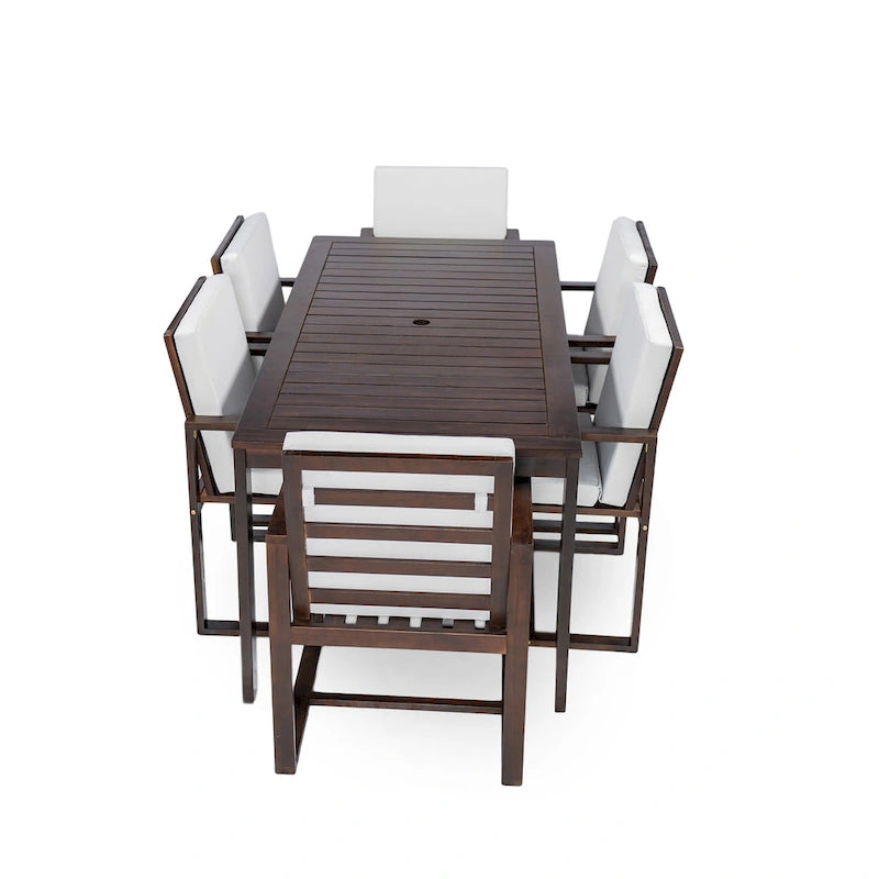 7 Pcs Outdoor Patio Dining Table and Chair Set, All-Weather Patio Furniture Set, Dining Table with Umbrella Hole and 6 Chairs