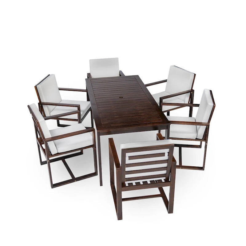 7 Pcs Outdoor Patio Dining Table and Chair Set, All-Weather Patio Furniture Set, Dining Table with Umbrella Hole and 6 Chairs