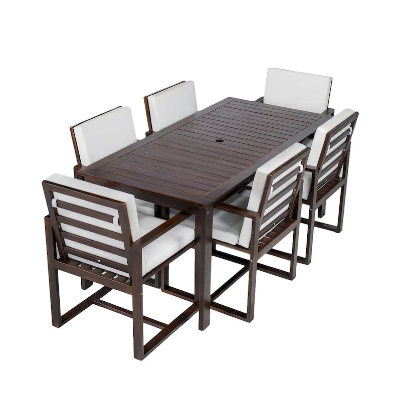 7 Pcs Outdoor Patio Dining Table and Chair Set, All-Weather Patio Furniture Set, Dining Table with Umbrella Hole and 6 Chairs