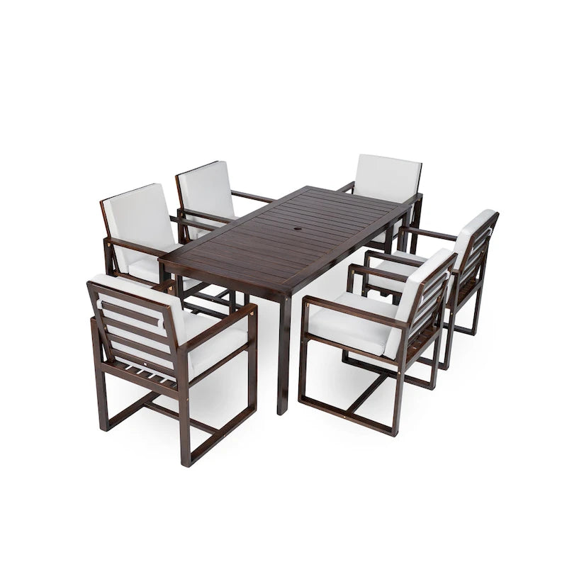 7 Pcs Outdoor Patio Dining Table and Chair Set, All-Weather Patio Furniture Set, Dining Table with Umbrella Hole and 6 Chairs
