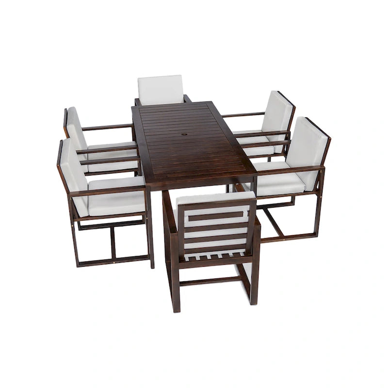 7 Pcs Outdoor Patio Dining Table and Chair Set, All-Weather Patio Furniture Set, Dining Table with Umbrella Hole and 6 Chairs